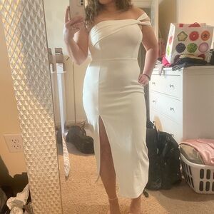 Lulus Off-Shoulder White Midi Dress with Front Slit